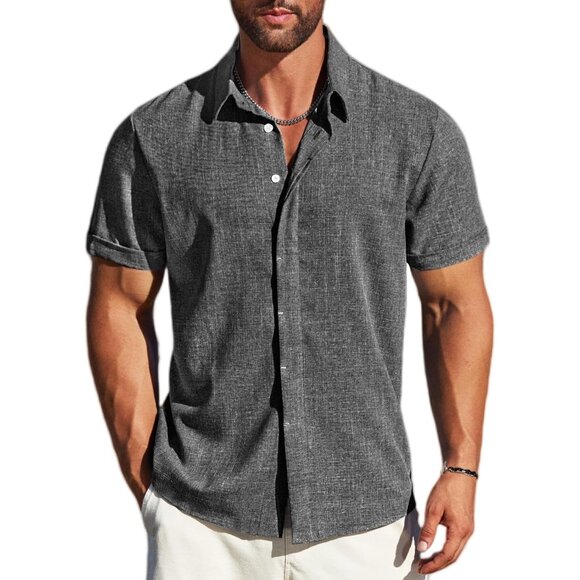 Men's A-dark Grey Linen Short Sleeve Button Down Casual Shirt Business Dress - Picture 1 of 6